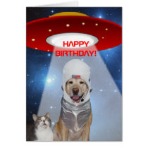 Funny Space Theme, Dog & Cat Birthday cards