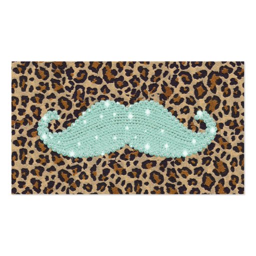 Funny Teal Green Bling Mustache And Animal Print Business Card (front side)