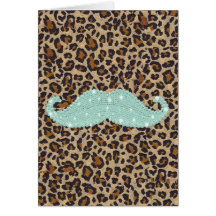 Funny Teal Green Bling Mustache And Animal Print Greeting Card