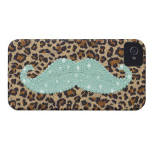 Funny Teal Green Bling Mustache And Animal Print Case-Mate iPhone 4 Cases