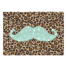 Funny Teal Green Bling Mustache And Animal Print Personalized Invitation