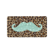Funny Teal Green Bling Mustache And Animal Print Personalized Address Label
