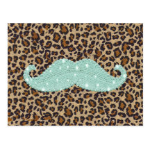 Funny Teal Green Bling Mustache And Animal Print Post Card