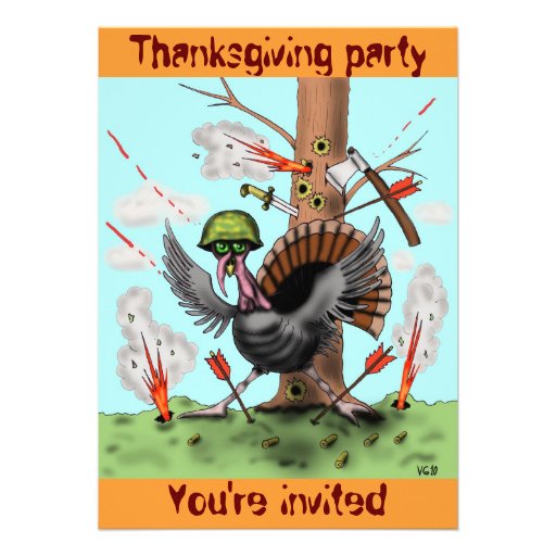 Funny turkey Thanksgiving party invitation card (front side)