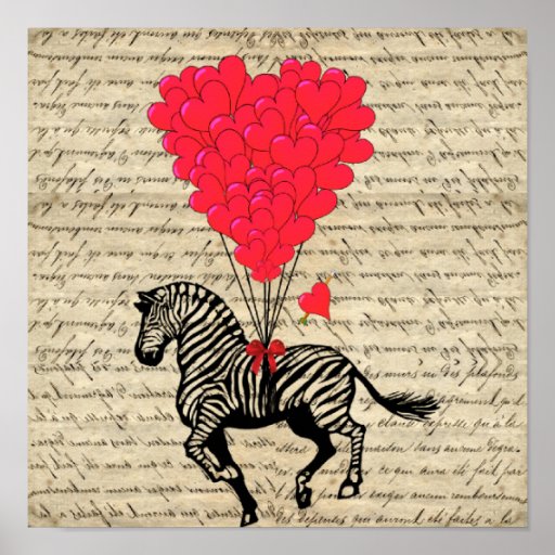 Funny vintage zebra & heart balloons poster