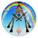 Funny Whimsical Giraffe Cupcake & Rainbow Round Wallclocks
