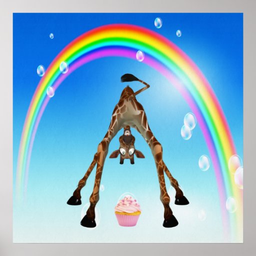 Funny Whimsical Giraffe, Cupcake & Rainbow Poster