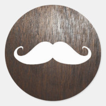 Funny White Mustache on oak wood background Round Sticker