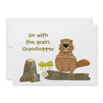 Funny Wood Turning Beaver and Grasshopper Cartoon Invitations