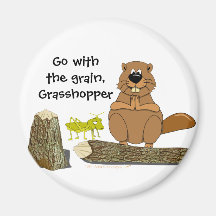 Funny Wood Turning Beaver and Grasshopper Cartoon Fridge Magnet