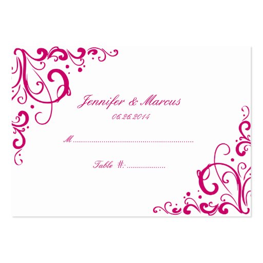 Fuschia and White Flourish Wedding Seating Cards Business Card Templates (front side)