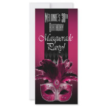 Fuschia Black Masquerade Birthday Party Invitation Personalized Rack Card