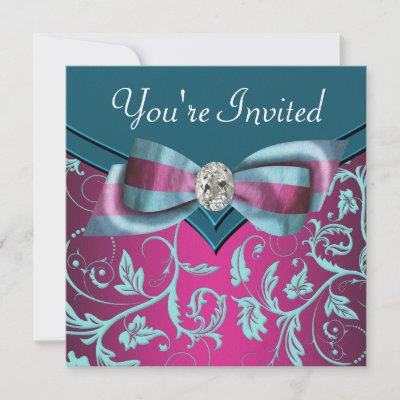 Pink aqua teal blue turquoise anniversary party invitations Fuchsia teal 