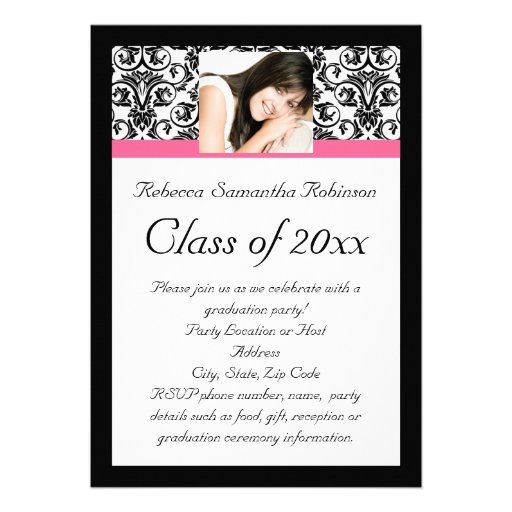 Fushcia Damask Pink and Black Graduation Personalized Invites (front side)