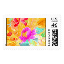 Fushia and red flowers on a golden background. stamps