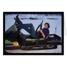 Gal on a Snowmobile with Gun Horizontal Card card