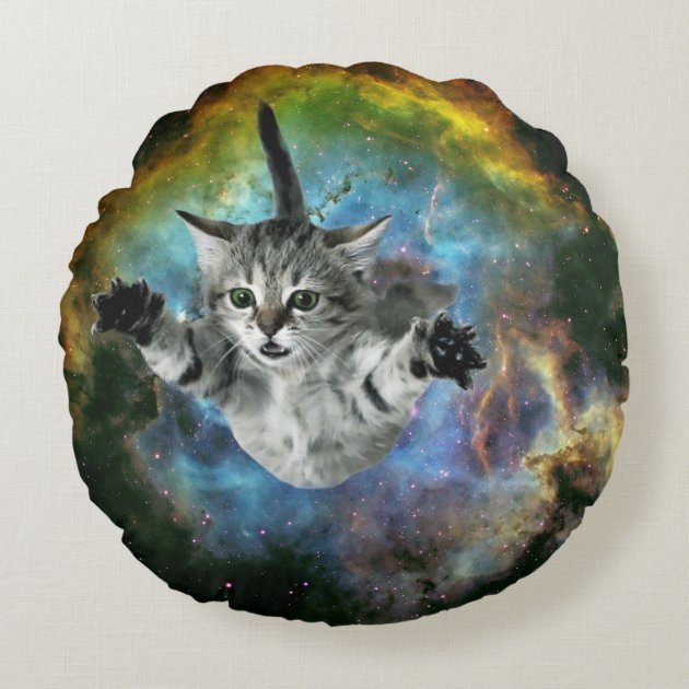 Galaxy Cat Universe Kitten Launch Round Pillow