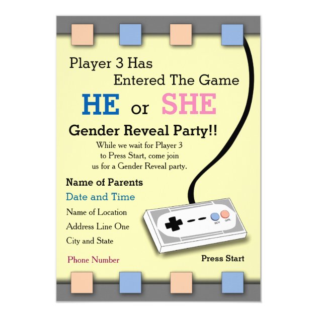 Gamer Player 3 Baby Shower Gender Reveal Invite (front side)