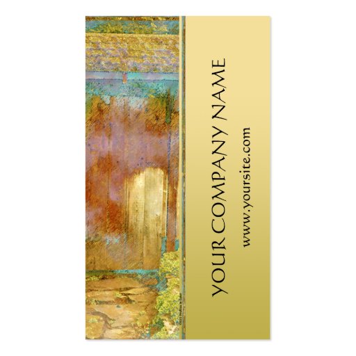 Garden Gate in Turquoise, Gold, and Green Business Card Template (front side)