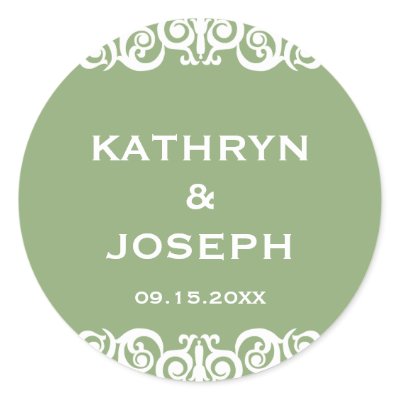 Garden green Victorian scroll wedding favor label Sticker