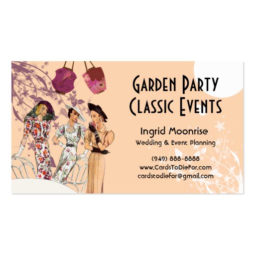 Garden Party in Peach and Plum Business Card Templates (front side)