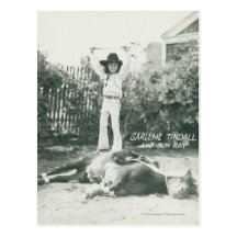 Garlene Tindall standing on a trick horse. Postcards
