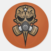 Gas Mask Sugar Skull, Brown Round Sticker