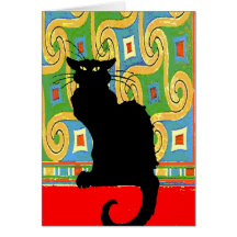 Gato negro en el papel pintado abstracto tarjeton