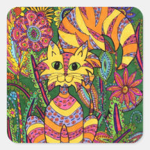 Gato vivo 2 del jardín calcomanias cuadradas