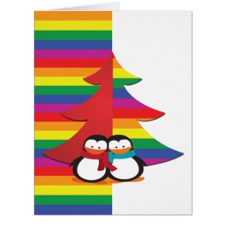Gay Pride Christmas Tree With Penguin Couple Card