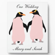 Gay Pride Lesbian Penguins Holding Hands Display Plaques