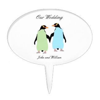 Gay Pride Penguins Holding Hands Cake Toppers