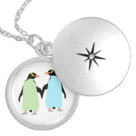Gay Pride Penguins Holding Hands Round Locket Necklace