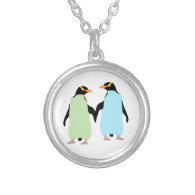 Gay Pride Penguins Holding Hands Round Pendant Necklace
