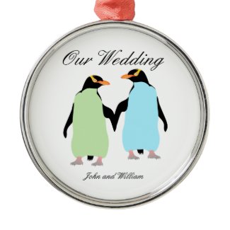 Gay Pride Penguins Holding Hands Silver-Colored Round Ornament