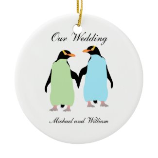 Gay Pride Penguins Holding Hands Round Ceramic Ornament