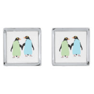 Gay Pride Penguins Holding Hands Silver Finish Cuff Links