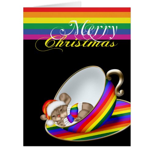 Gay Pride Whimsical Christmas Teacup Mouse Card