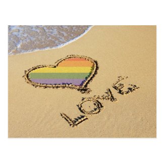Gay Rainbow Love Heart In The Sand Post Card