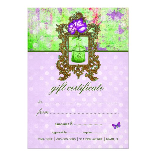 GC Greenhouse Chic Lime Purple Gift Certificate Personalized Invite