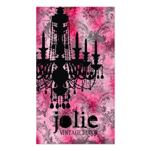 GC | Jolie Chandelier Pink Gray Damask Business Card Templates (front side)