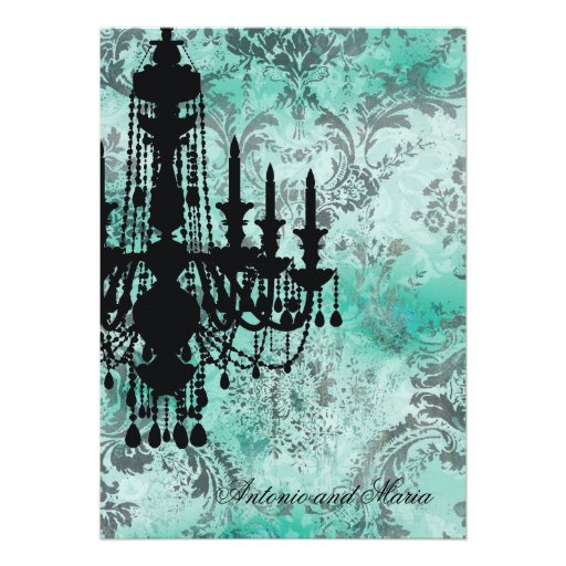 GC | Jolie Chandelier Turquoise Grey Damask Personalized Invitations