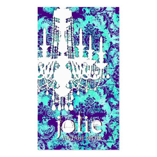 GC | Jolie Chandelier Turquoise Purple Damask Business Card Template (front side)