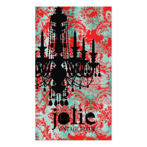GC | Jolie Chandelier Turquoise Red Damask Business Card Template (front side)