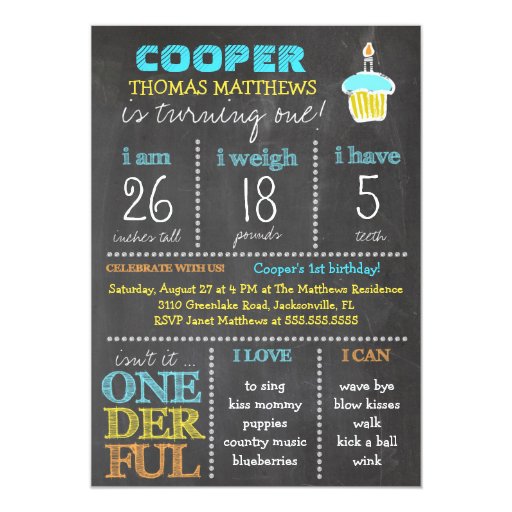 GC Onederful First Birthday Boy Chalkboard Personalized Invitations (front side)