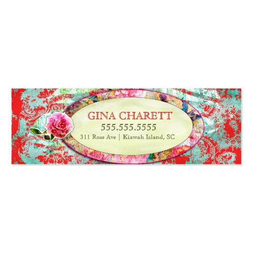 GC Shabby Vintage Charm - Red Turquiose Damask Business Cards (back side)