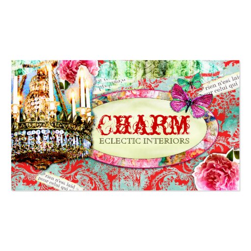 GC | Shabby Vintage Charm - Red Turquiose Damask Business Card Template (front side)