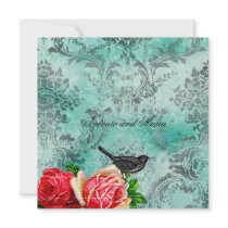 GC | Vintage Bird & Rose | Turquoise Damask Custom Invites