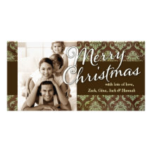 GC Vintage Brown Green Damask Christmas Personalized Photo Card