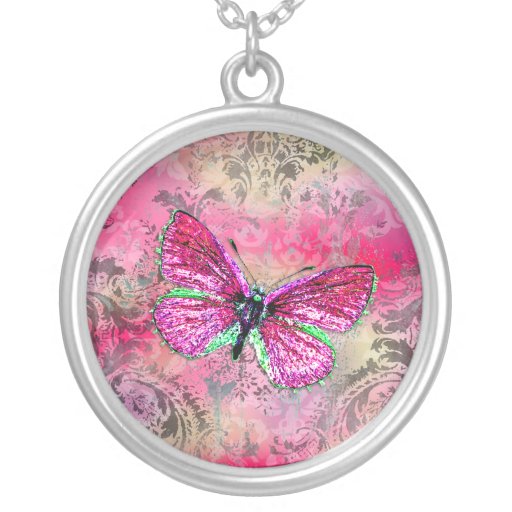 GC | Vintage Pink Damask - Pink Butterfly Pendant